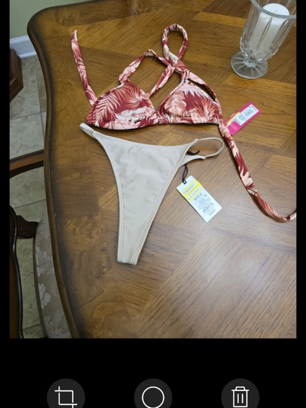 Women’s Two-Piece Bikini Set - Rust Floral Top & Beige Bottom